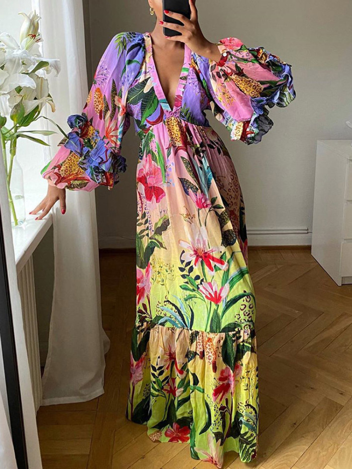 Fashion Print Gradient Party Ruffle V Neck Sexy Slim Wedding Guest Dress