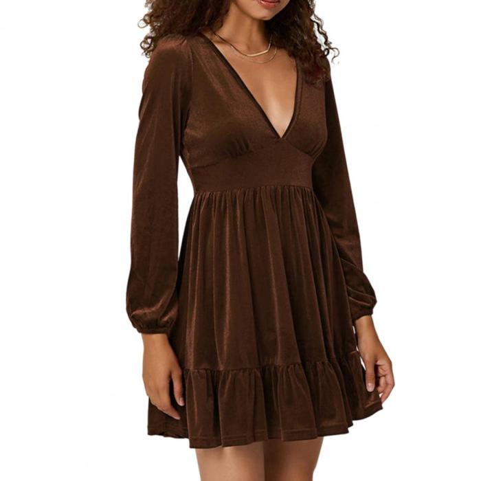 High-Waist Pure Color Pleated Ruffle Hem Dress