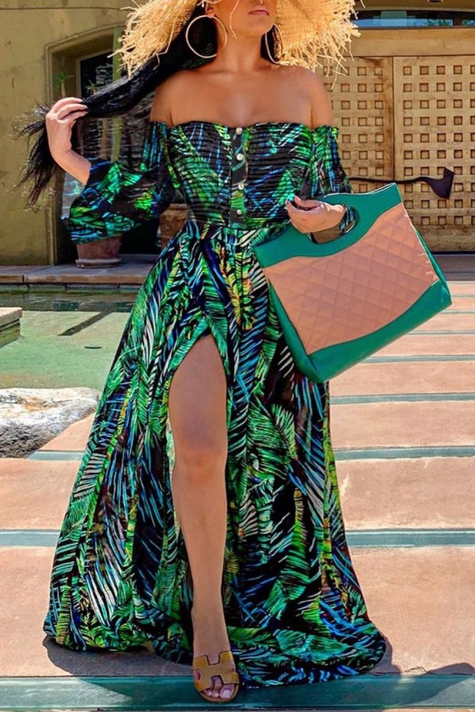 Fashion Sexy Slit Printed Floor Mopping One ShoulderWedding Guest Dress