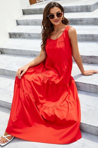 Fashion Solid Color Sleeveless Round Neck Bohemian Beach Casual  Maxi Dress