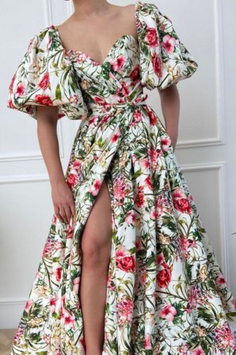 Fashion Elegant Puff Sleeve V Neck Printed High Waist Body Wedding Guest Dress