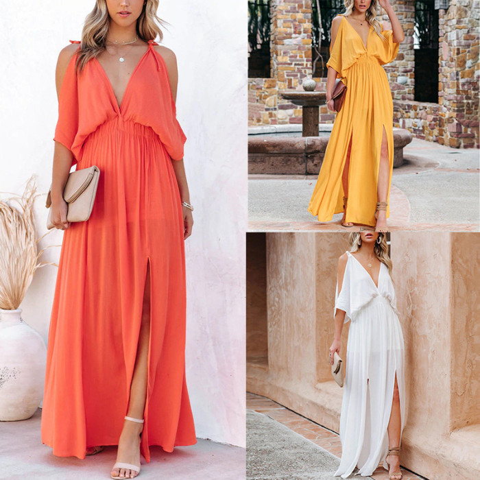 Boho Style V Neck Off Shoulder Slits Solid Fashion Tunic Wedding Guest Dress