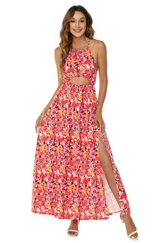 Fashion Bohemian Halter Neck Strap Backless Sexy Printed Wedding Guest Dress