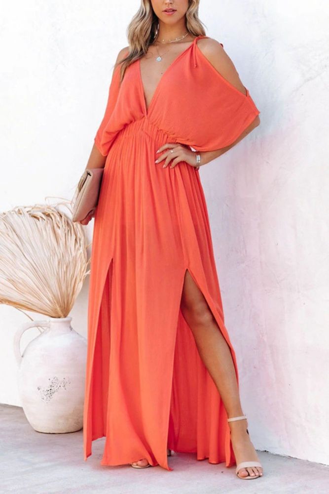 Boho Style V Neck Off Shoulder Slits Solid Fashion Tunic Wedding Guest Dress