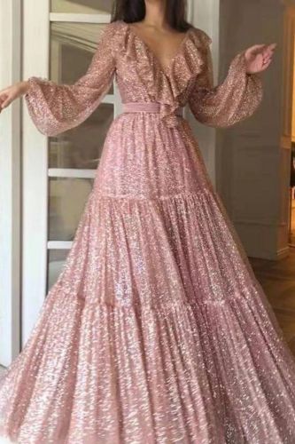 Fashion Mesh Long Sleeve Ruffle Pleated Solid Color Party Wedding Guest Dress