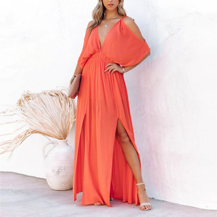 Boho Style V Neck Off Shoulder Slits Solid Fashion Tunic Wedding Guest Dress