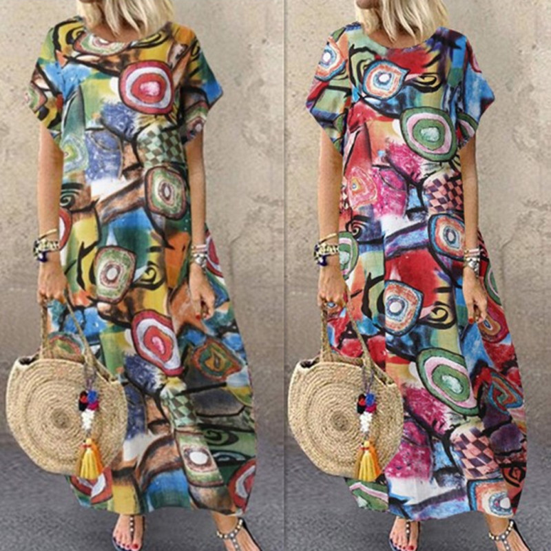 Fashion Round Neck Cotton Linen Ethnic Print  Maxi Dress