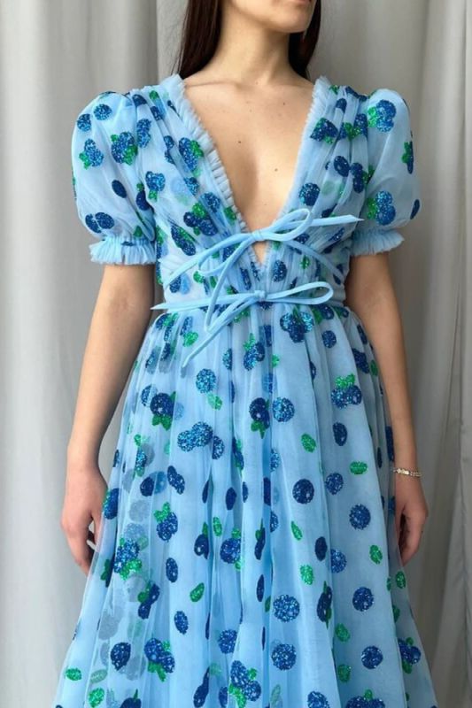 Fashion Deep V Puff Sleeve Mesh Sequin Embroidered Sexy Party Wedding Guest Dress