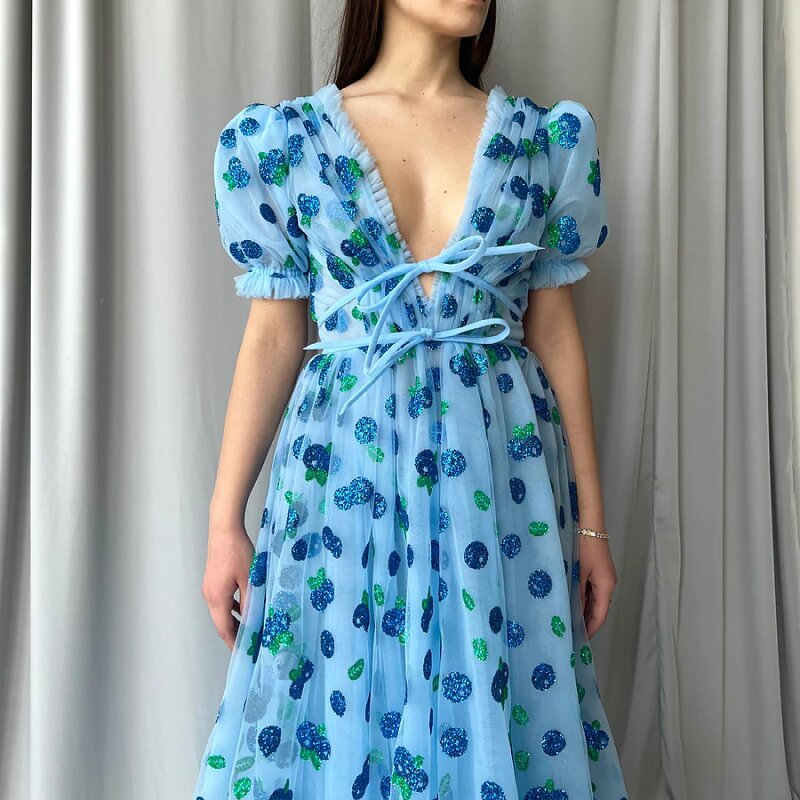 Fashion Deep V Puff Sleeve Mesh Sequin Embroidered Sexy Party Wedding Guest Dress