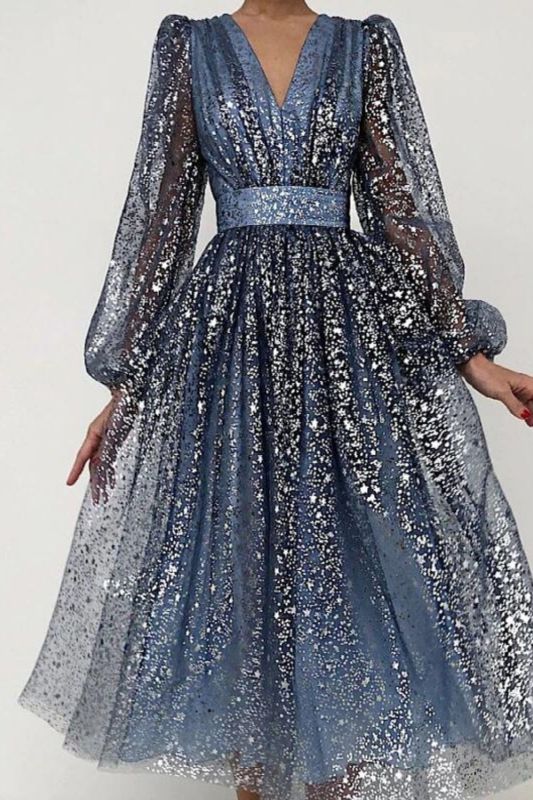 Sequined Elegant Long Sleeve A Line V Neck Tulle Prom Party  Wedding Guest Dress