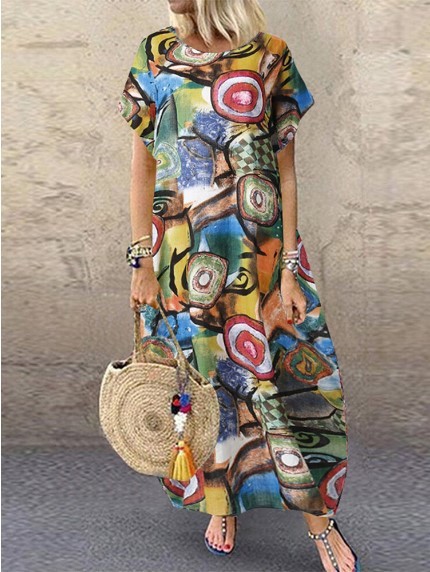 Fashion Round Neck Cotton Linen Ethnic Print  Maxi Dress