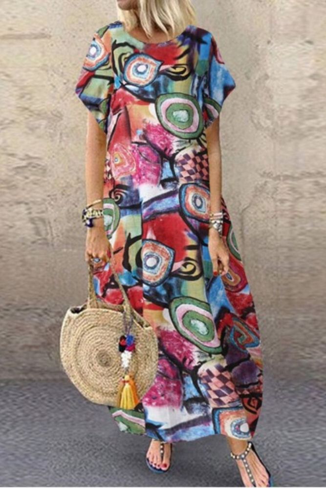 Fashion Round Neck Cotton Linen Ethnic Print  Maxi Dress