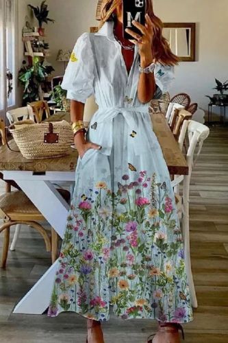 Fashion Elegant Lapel Half Sleeve Casual Shirt  Maxi Dress