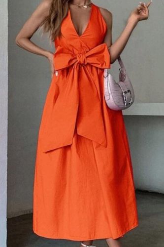 Sexy V Neck Sleeveless Large Bow Fashion Solid Color Boho Wedding Guest Dress