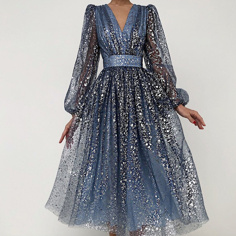 Sequined Elegant Long Sleeve A Line V Neck Tulle Prom Party  Wedding Guest Dress