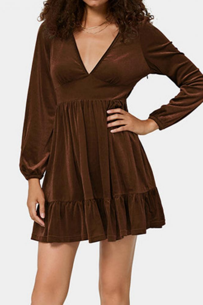 High-Waist Pure Color Pleated Ruffle Hem Dress