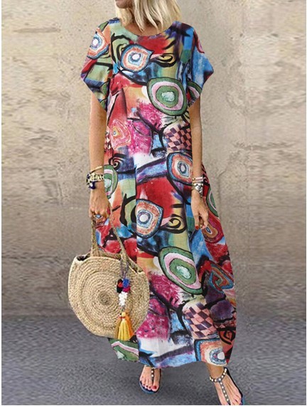 Fashion Round Neck Cotton Linen Ethnic Print  Maxi Dress