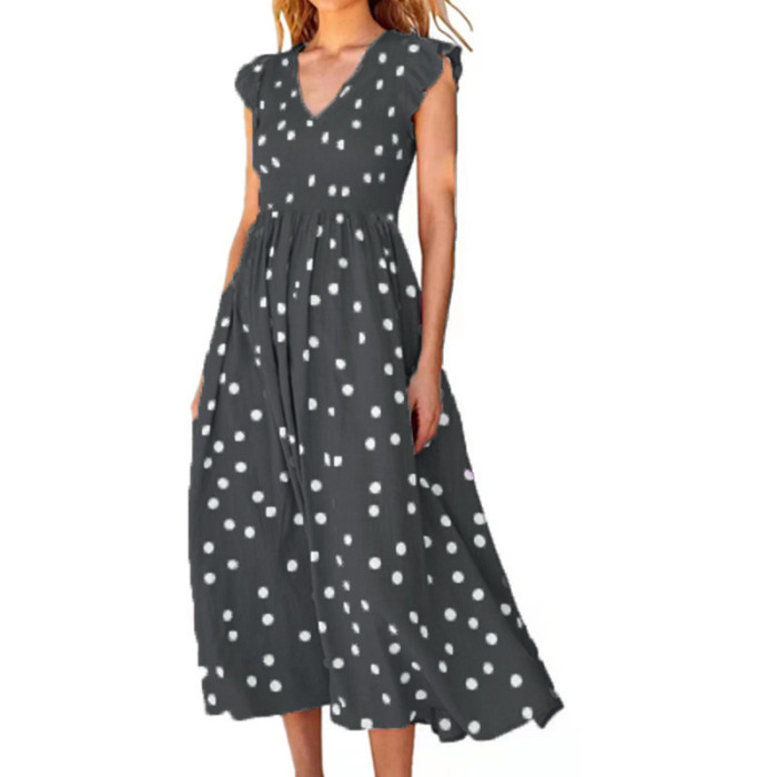 V-neck Polka Dot Print Casual Loose High Waist Dress
