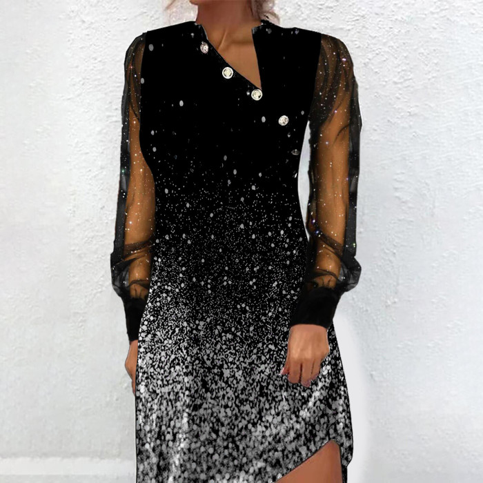 Elegant Casual Loose Print Long Sleeve V Neck Knee-Length Dress