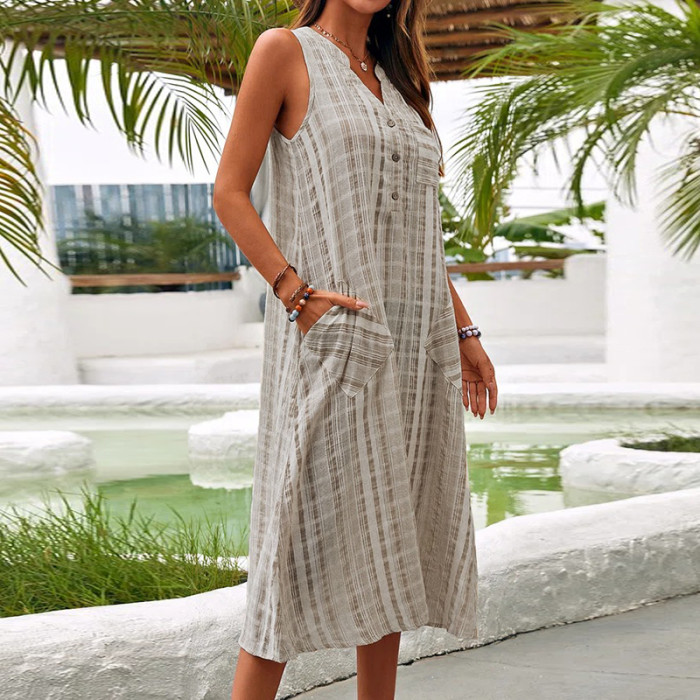 Women V Neck Sleeveless Loose Vintage Print Party Maxi Dress