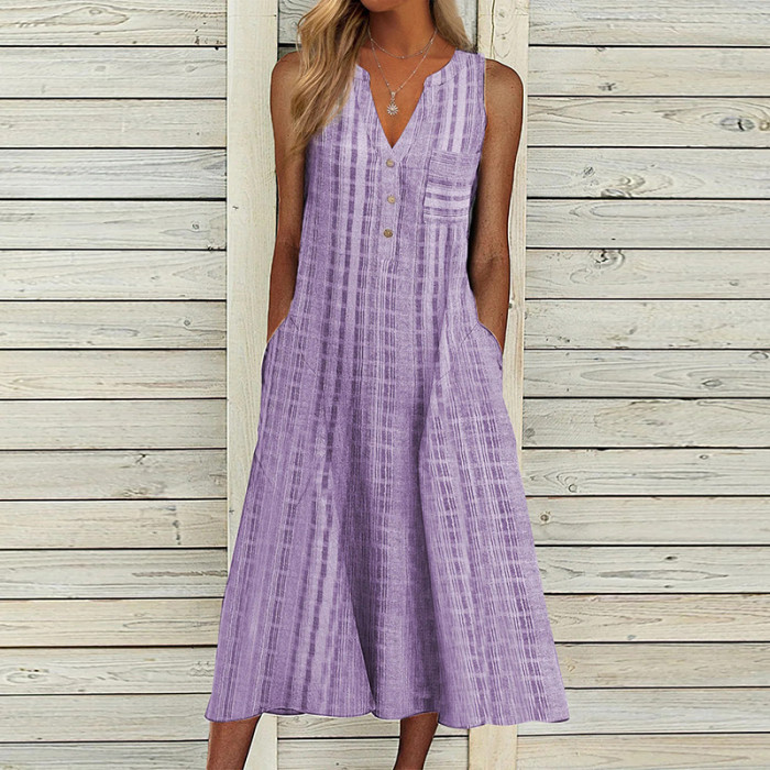 Women V Neck Sleeveless Loose Vintage Print Party Maxi Dress