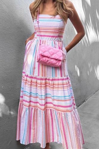 Fashion Colorful Striped Printed Sexy Sleeveless Casual Elegant Party Dress