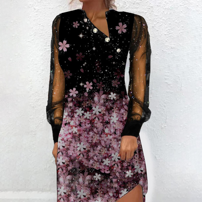 Elegant Casual Loose Print Long Sleeve V Neck Knee-Length Dress