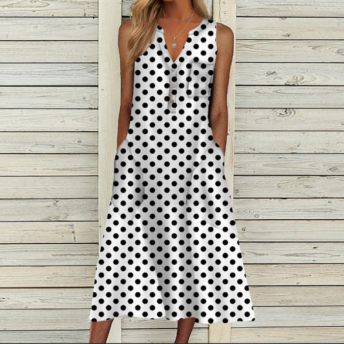 Women V Neck Sleeveless Loose Vintage Print Party Maxi Dress