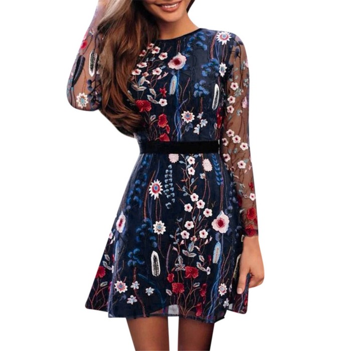 Floral Embroidered Elegant Vintage Long Sleeve Sexy Party Dress