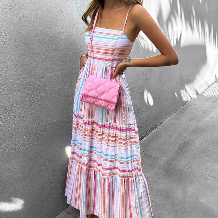 Fashion Colorful Striped Printed Sexy Sleeveless Casual Elegant Party Dress