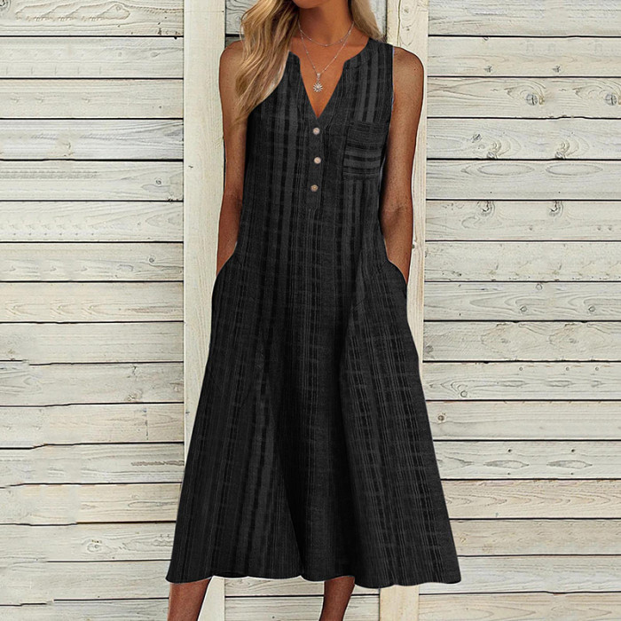 Women V Neck Sleeveless Loose Vintage Print Party Maxi Dress
