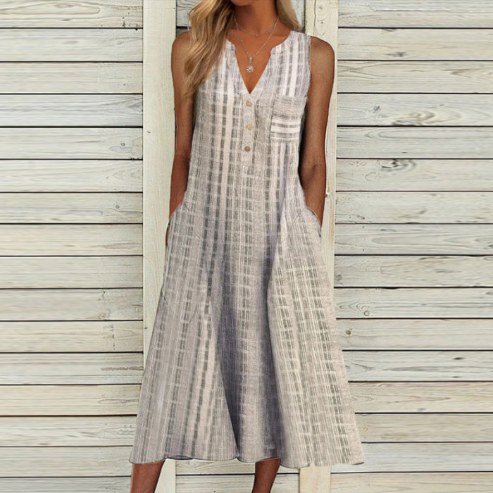 Women V Neck Sleeveless Loose Vintage Print Party Maxi Dress