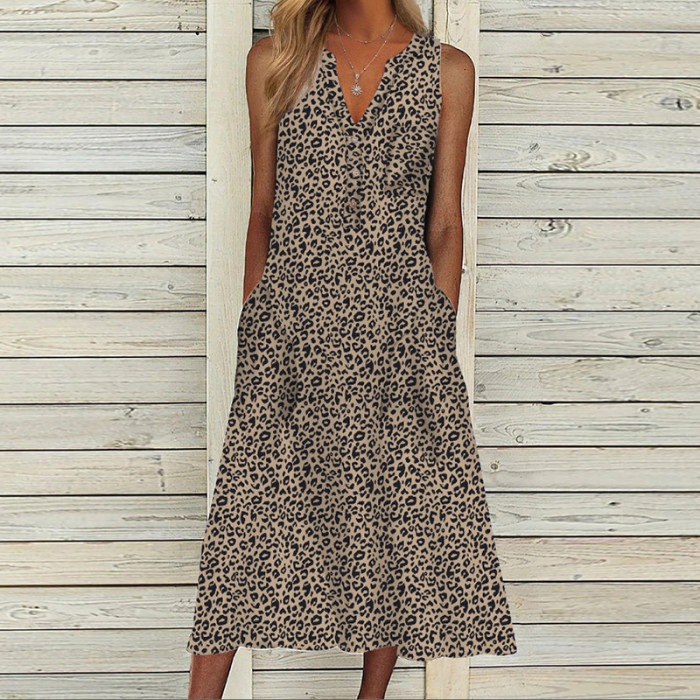 Women V Neck Sleeveless Loose Vintage Print Party Maxi Dress