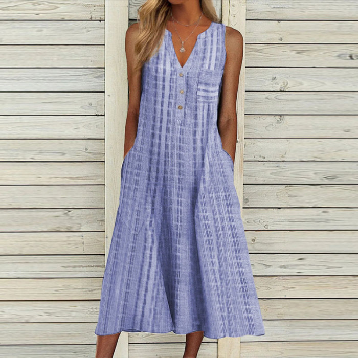 Women V Neck Sleeveless Loose Vintage Print Party Maxi Dress