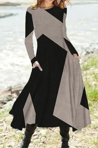 Vintage Fashion Long Sleeve Elegant Casual O-Neck Print Irregular Dress