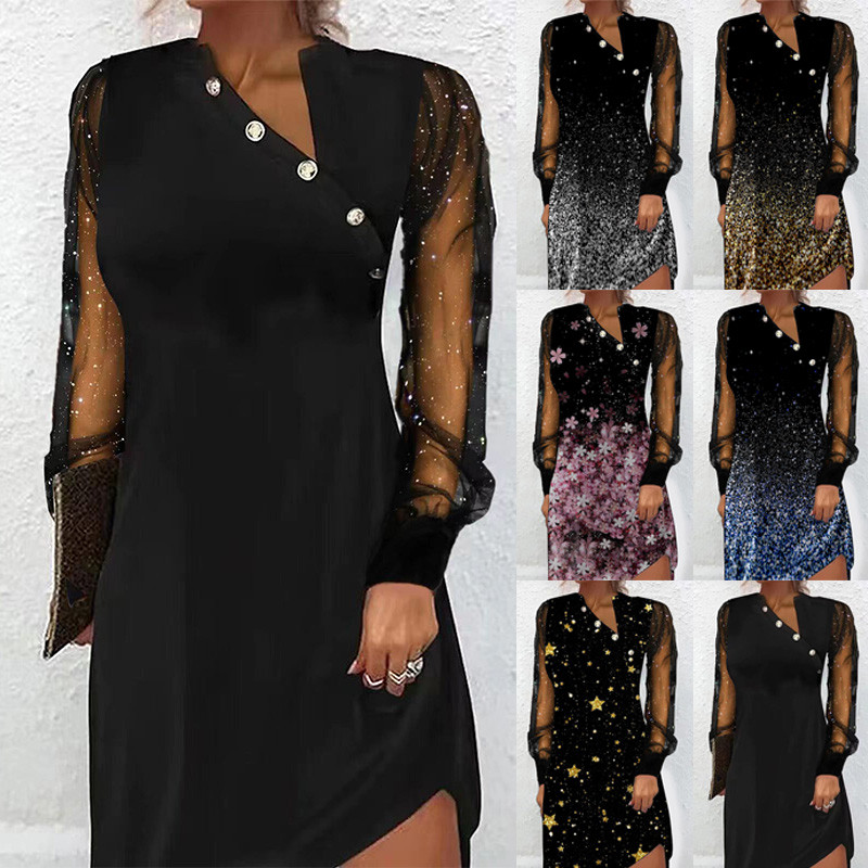 Elegant Casual Loose Print Long Sleeve V Neck Knee-Length Dress