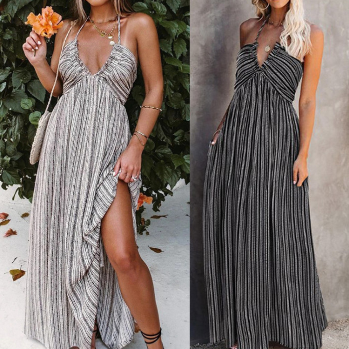 Sexy Striped Tube Top Adjustable Lace Up Sling Elegant Dress