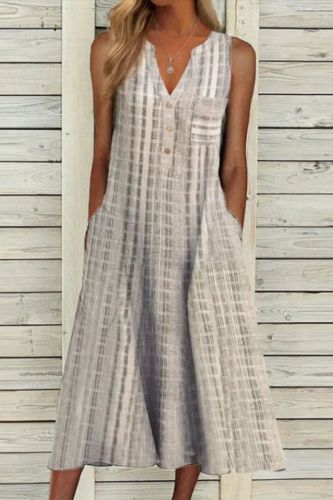Women V Neck Sleeveless Loose Vintage Print Party Maxi Dress