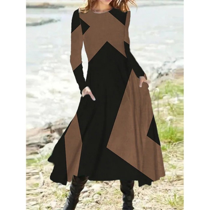 Vintage Fashion Long Sleeve Elegant Casual O-Neck Print Irregular Dress