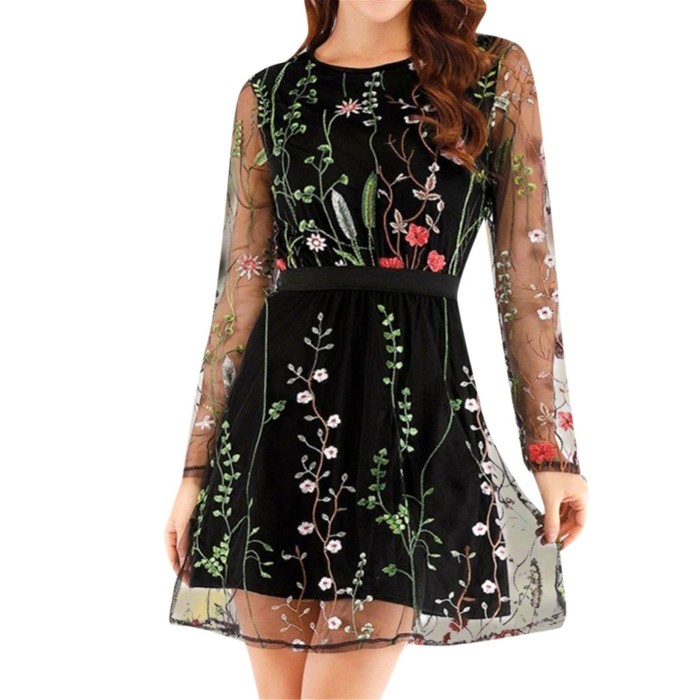 Floral Embroidered Elegant Vintage Long Sleeve Sexy Party Dress