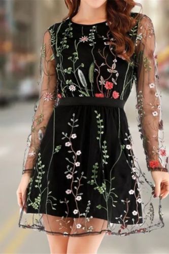 Floral Embroidered Elegant Vintage Long Sleeve Sexy Party Dress