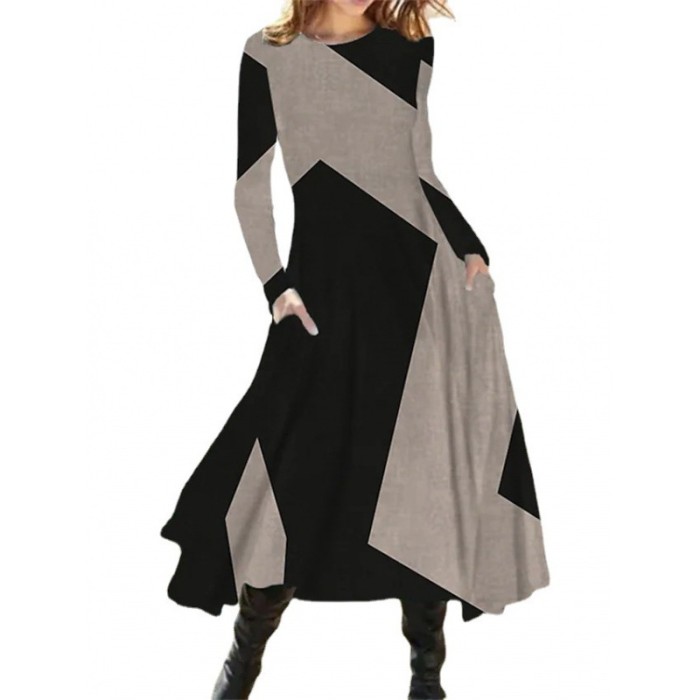 Vintage Fashion Long Sleeve Elegant Casual O-Neck Print Irregular Dress