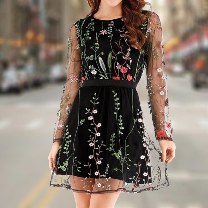 Floral Embroidered Elegant Vintage Long Sleeve Sexy Party Dress
