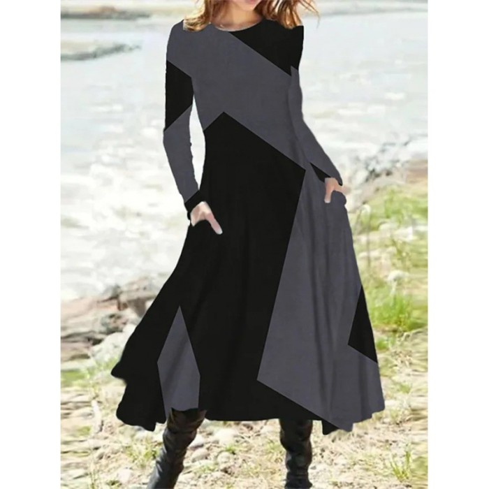 Vintage Fashion Long Sleeve Elegant Casual O-Neck Print Irregular Dress
