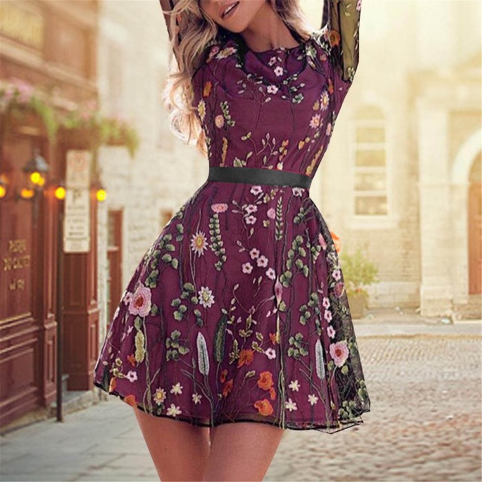 Floral Embroidered Elegant Vintage Long Sleeve Sexy Party Dress