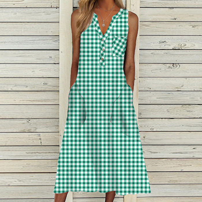 Women V Neck Sleeveless Loose Vintage Print Party Maxi Dress