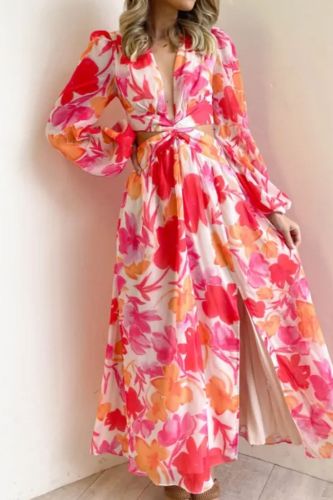 Elegant V Neck Long Sleeve Sexy Floral Print Hollow Out Fashion Chic Casual Maxi Dress