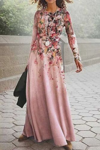 Printed Boho Elegant O Neck Party Fashion Long Sleeve Vintage  Maxi Dress