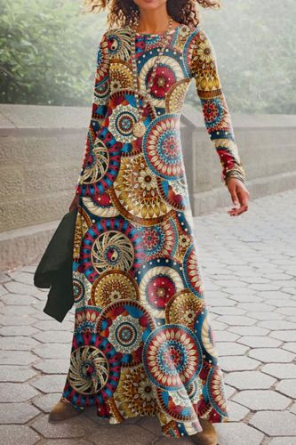 Bohemian Style Fashion 3D Printing Ethnic Abstract Pattern Round Neck Maxi Dress