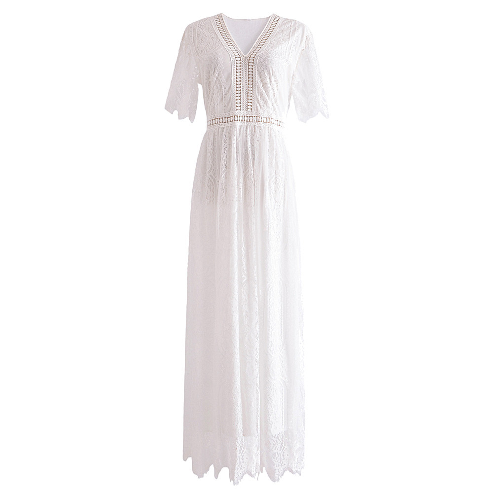 Long-Sleeve V-Neck Plain Cutout Lace Panel Maxi Sheath Dress main image 0
